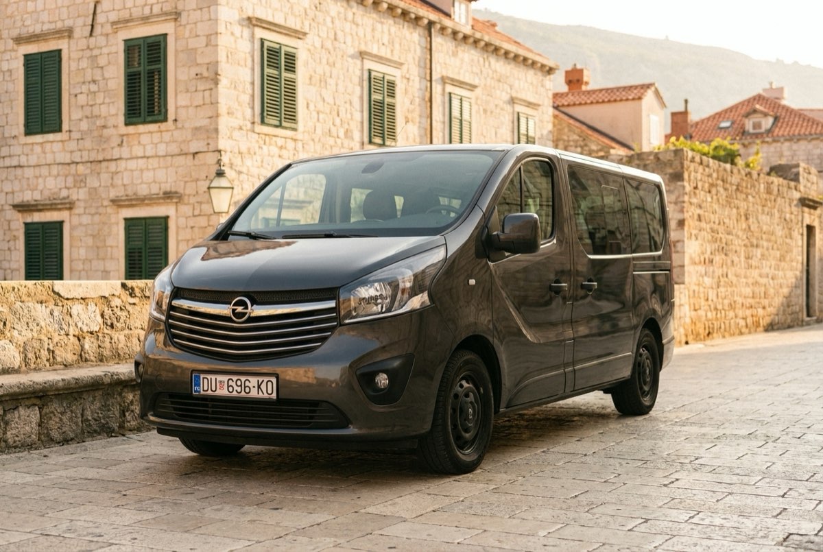 Grey Opel Vivaro passenger van on a Dubrovnik old-town street